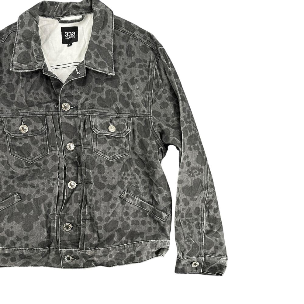 Half Evil 333 Men's Black and Gray Spotted Denim Jacket Retro Streetwear Small - Picture 2 of 6